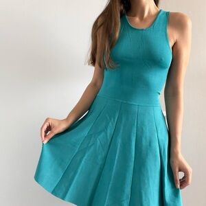 Parker | Teal green blue elastic knit flared sleeveless mini dress | Size S